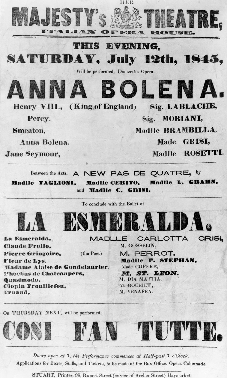 女王陛下の劇場のためのプレイビル、イタリアオペラハウス、1845年（印刷された紙） 作： 英語学校