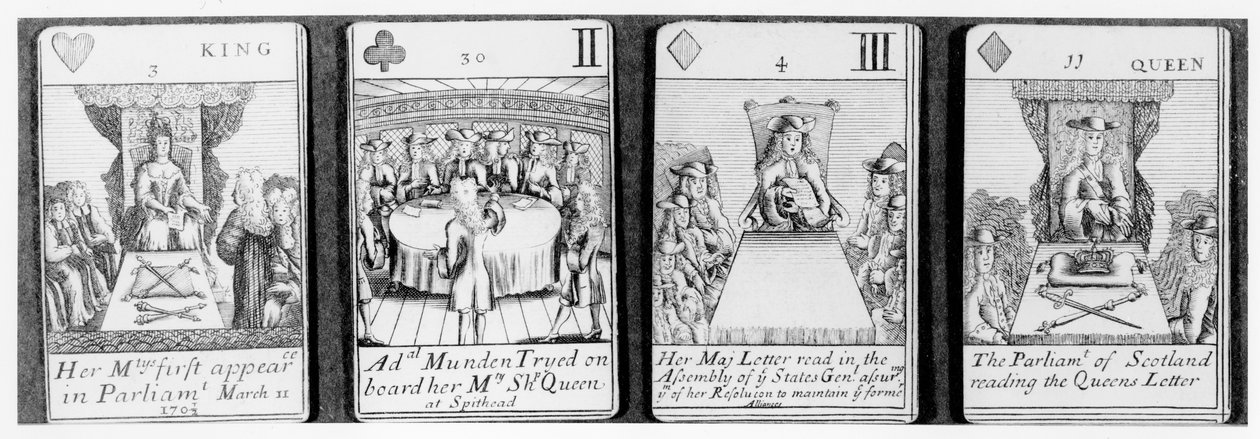 アン女王の治世初期の出来事を描いたトランプで、スペイン継承戦争（1702-13）を記念したセットから 作： 英語学校