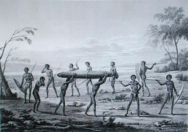 ニューホランド州ポート・ジャクソンアボリジニーの埋葬式。1825年に出版されたLerouge and Villereyによる「Voyage Autour du Monde sur les Corvettes de L