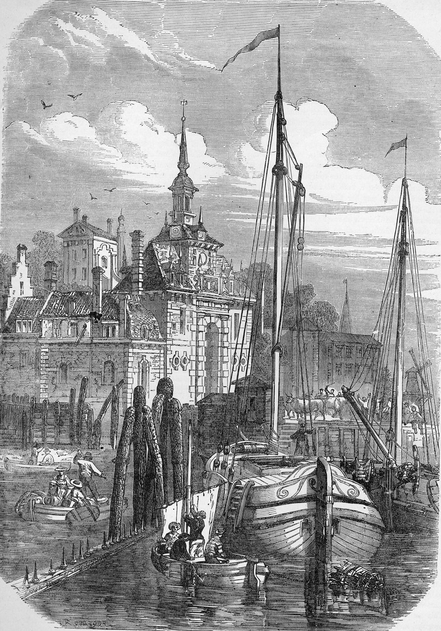 1810年の「イラストレイテッドロンドンニュース」のオランダ、ロッテルダム港 作： 英語学校