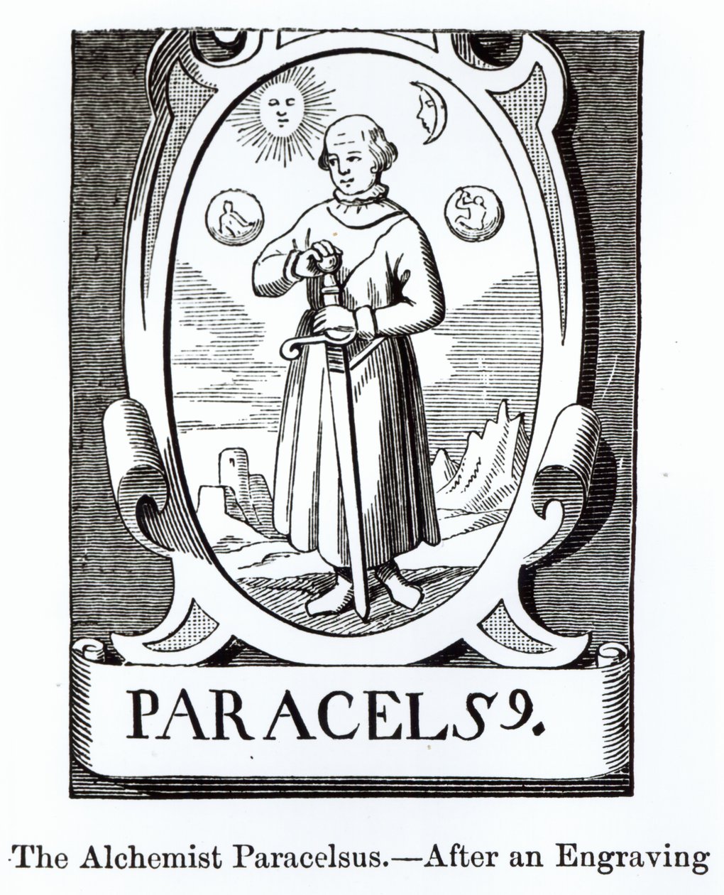 パラケルスス（Philippus Aureolus Theophrastus）（1493-1541）の肖像、中世の科学と文学とルネサンスのイラスト、ポールラクロワ、1878年（woodc） 作： 英語学校