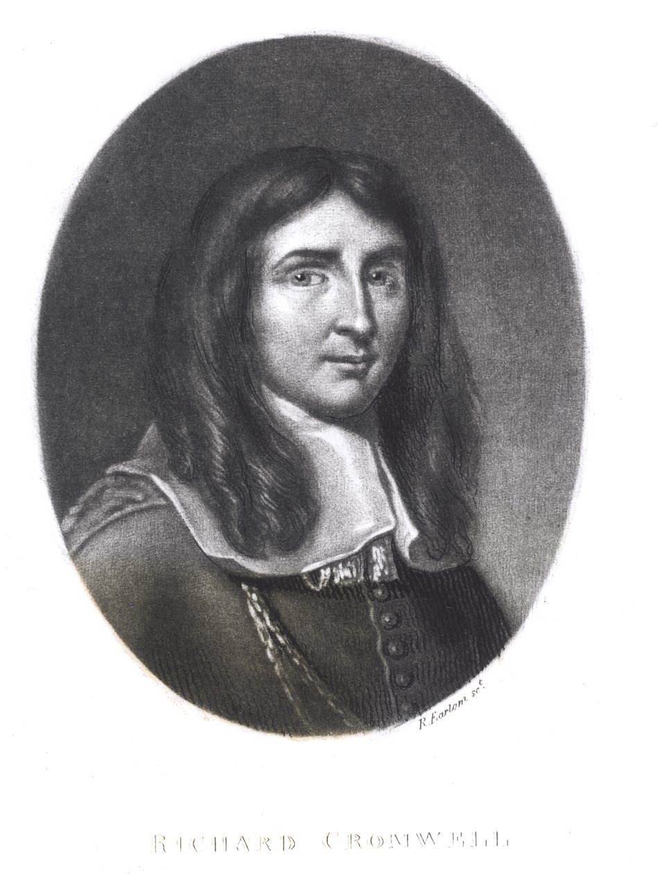 リチャードアーロム（1743-1822）が「イギリスの歴史における輝かしい登場人物」（メゾティント）から彫刻したリチャードクロムウェル（1626-1712）の肖像 作： 英語学校