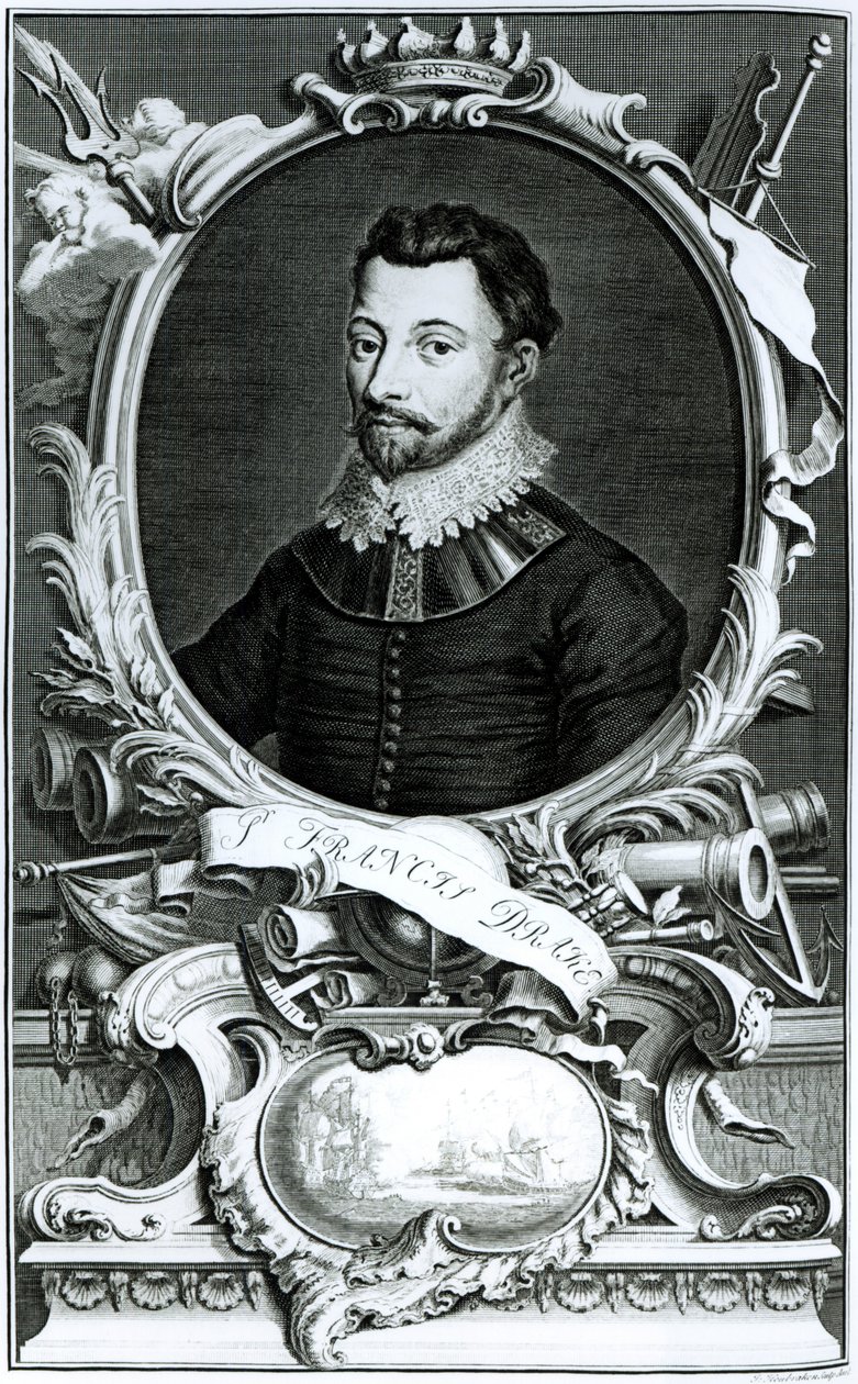 ジェイコブスウーブラケン（1698-1780）によって彫刻されたサーフランシスドレイク（c.1540-96）の肖像（彫刻）（bw写真） 作： 英語学校