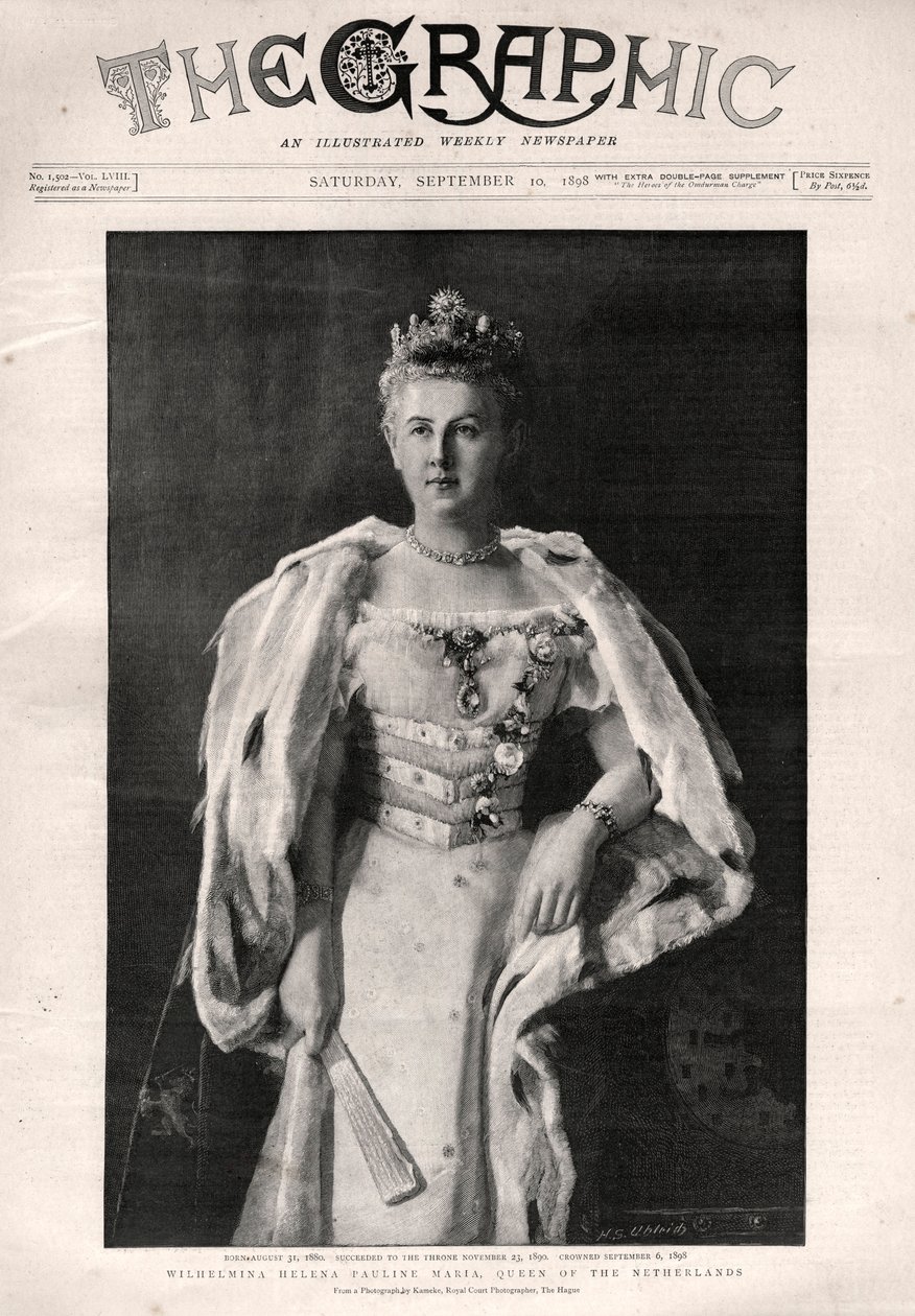 オランダ女王ウィルヘルミナ（1880-1962）の肖像 - 新聞 "The Graphic "のフロントページ 作： 英語学校
