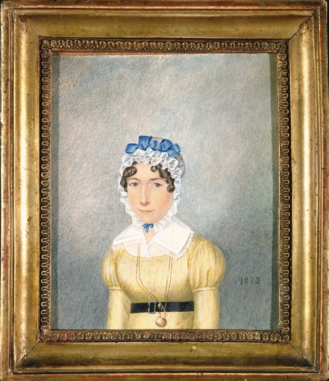 金色のロケットを持つ女性の肖像、1823年（紙にガッシュとトイレ） 作： 英語学校