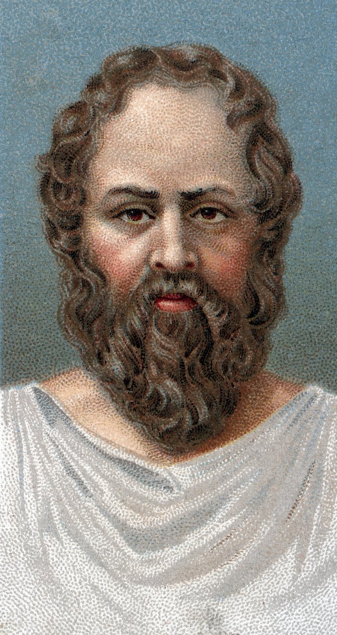 ギリシャの哲学者ソクラテス（紀元前469～399年）の肖像 ソクラテス - - シリーズ「人間の指導者たち」より - クロモリトグラフ - イギリスの学校、20世紀 - 。 作： 英語学校