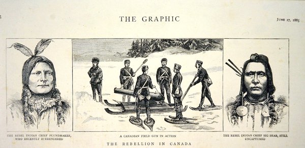 1885 年 6 月 27 日に「The Graphic」に掲載された、反乱軍の酋長パウンドメーカーとビッグ ベアの肖像 (リソ) 作： 英語学校