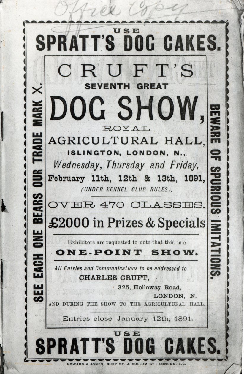 1891年にロンドンのイズリントンにある王立農業ホールでのクルーフトドッグショーの広告ポスター 作： 英語学校