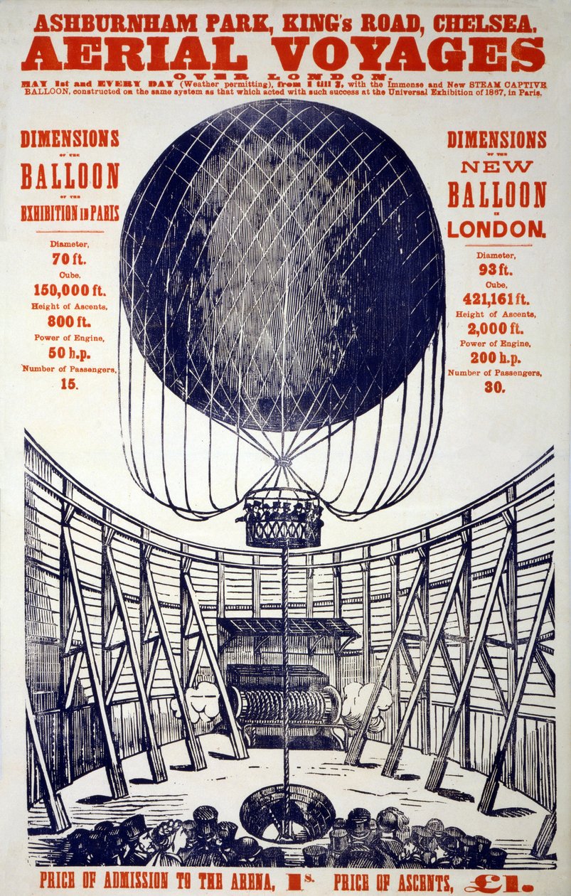 1867年に出版された "Aerial Voyages over London "のポスター（カラーリトグラフ 作： 英語学校