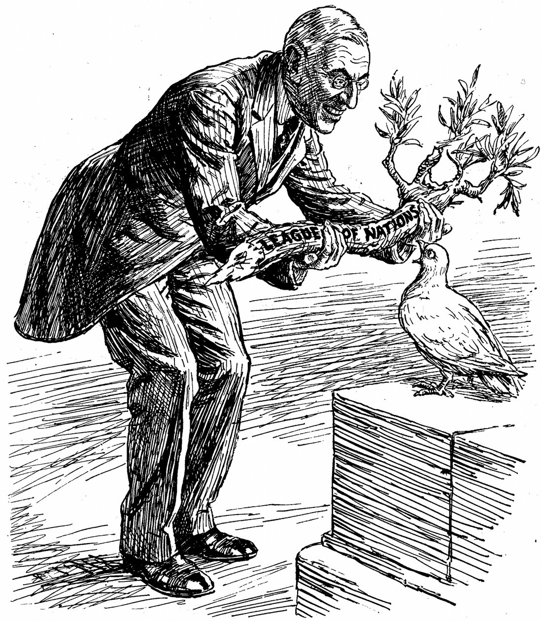 国際連盟」と書かれたオリーブの枝を平和の鳩に渡すウィルソン大統領（1919年3月26日、ロンドン「パンチ」より）。 作： 英語学校