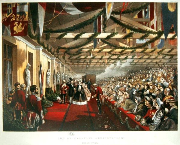 1863年3月7日、デンマークのアレクサンドラ王女が、未来の夫であるプリンス・オブ・ウェールズと共にロンドンのブリックレイアーズ・アームズ・ステーションに到着。1863年（カラーリトグラフ） 作： 英語学校