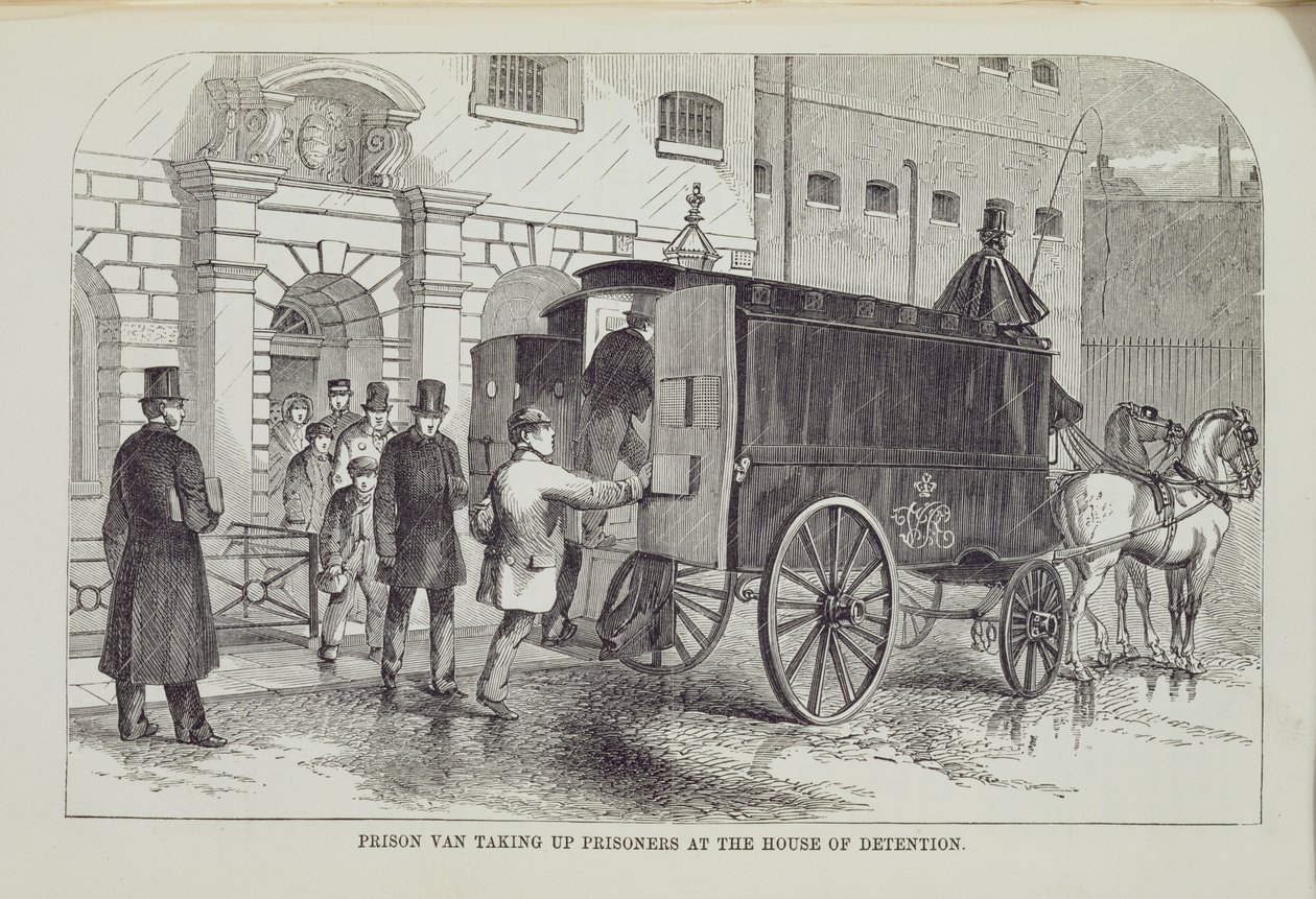 ロンドンの刑務所刑務所とヘンリーメイヒュー（1812-87）とジョンビニーによる刑務所の生活の場面から、拘置所で囚人を取り上げた刑務所ヴァン、1862年 作： 英語学校