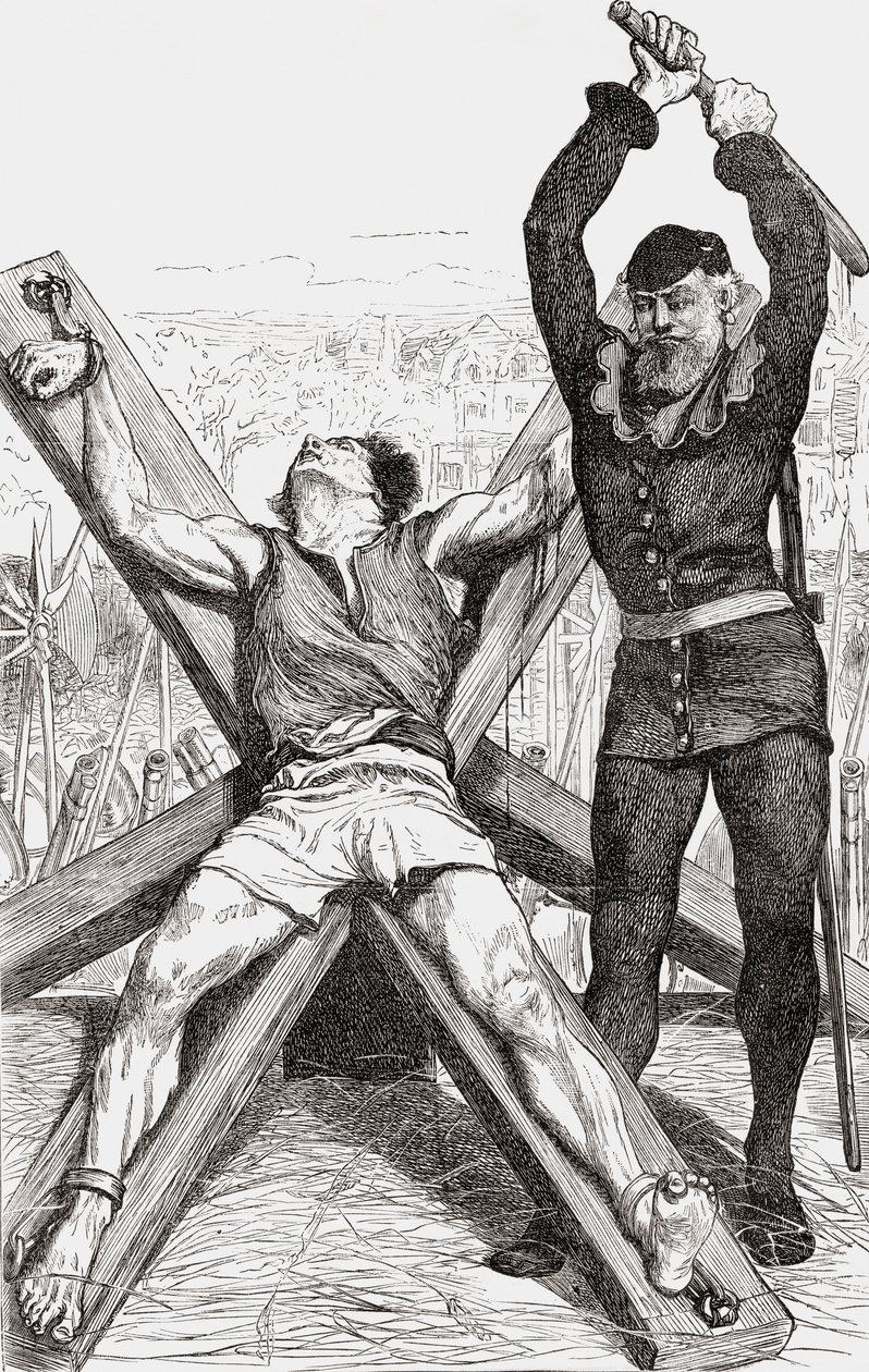 セントアンドリュースクロスで拷問を受けている囚人、1865年頃（木の彫刻） 作： 英語学校
