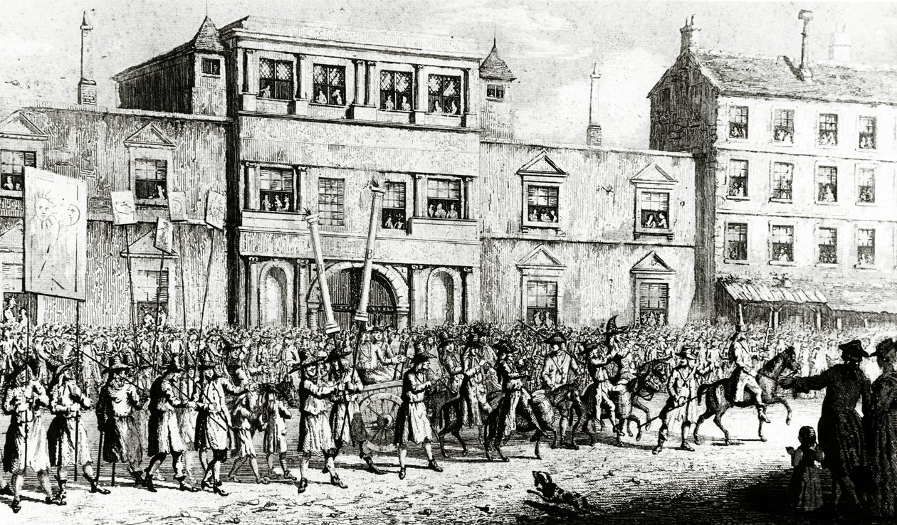 ロンドンでフリーメーソンをあざける1741年の行列、1843年 作： 英語学校
