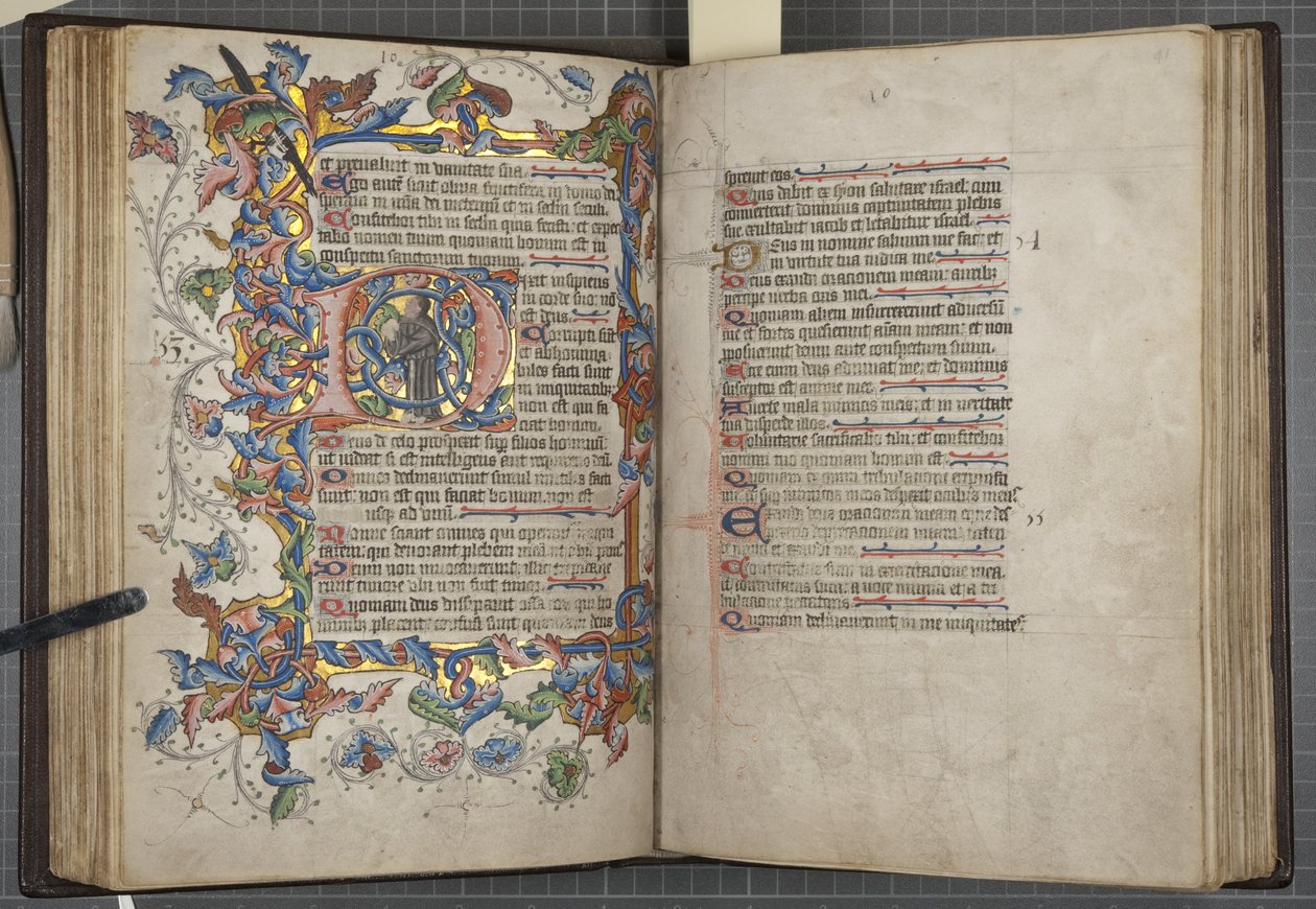 サルム暦のついた詩篇集、Fol 40 verso 41 recto, c.1425-75 (ベラムにインク、絵具、金) 作： 英語学校