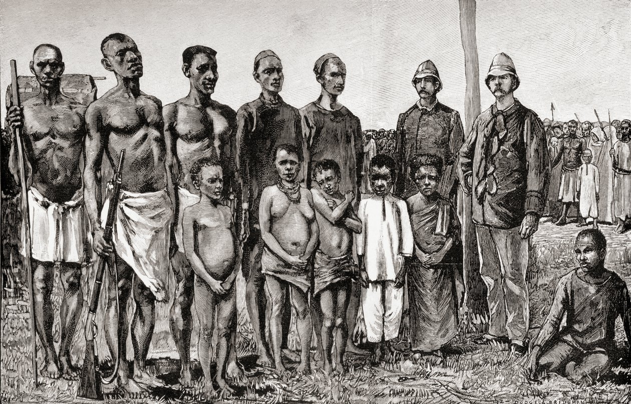 ピグミー原住民とイギリスの将校、スーダン人とザンジバリスの比較、1890年（木の彫刻） 作： 英語学校