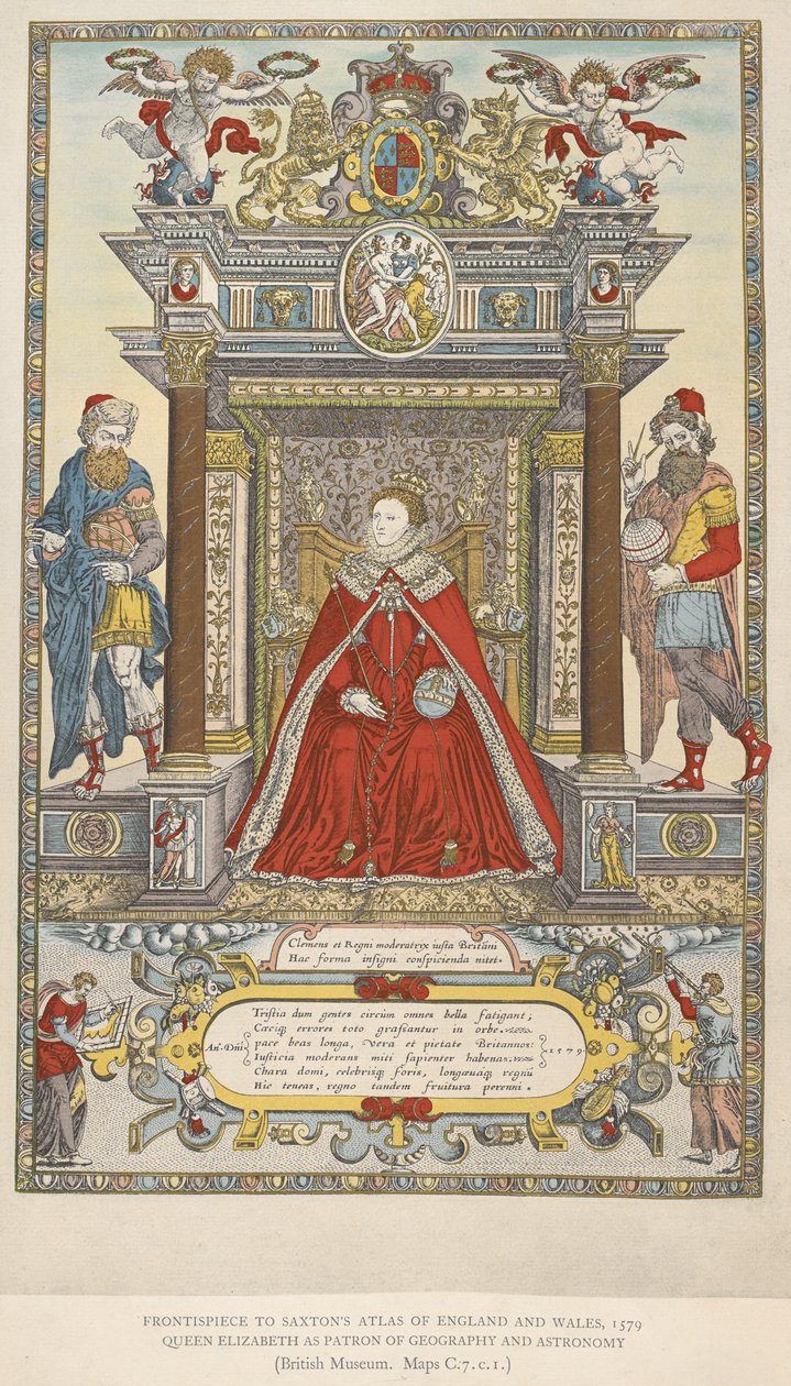 地理学と天文学のパトロンとしてのエリザベス女王。 1579年のイングランドウェールズのサクストンのアトラスの口絵（カラーリソ） 作： 英語学校