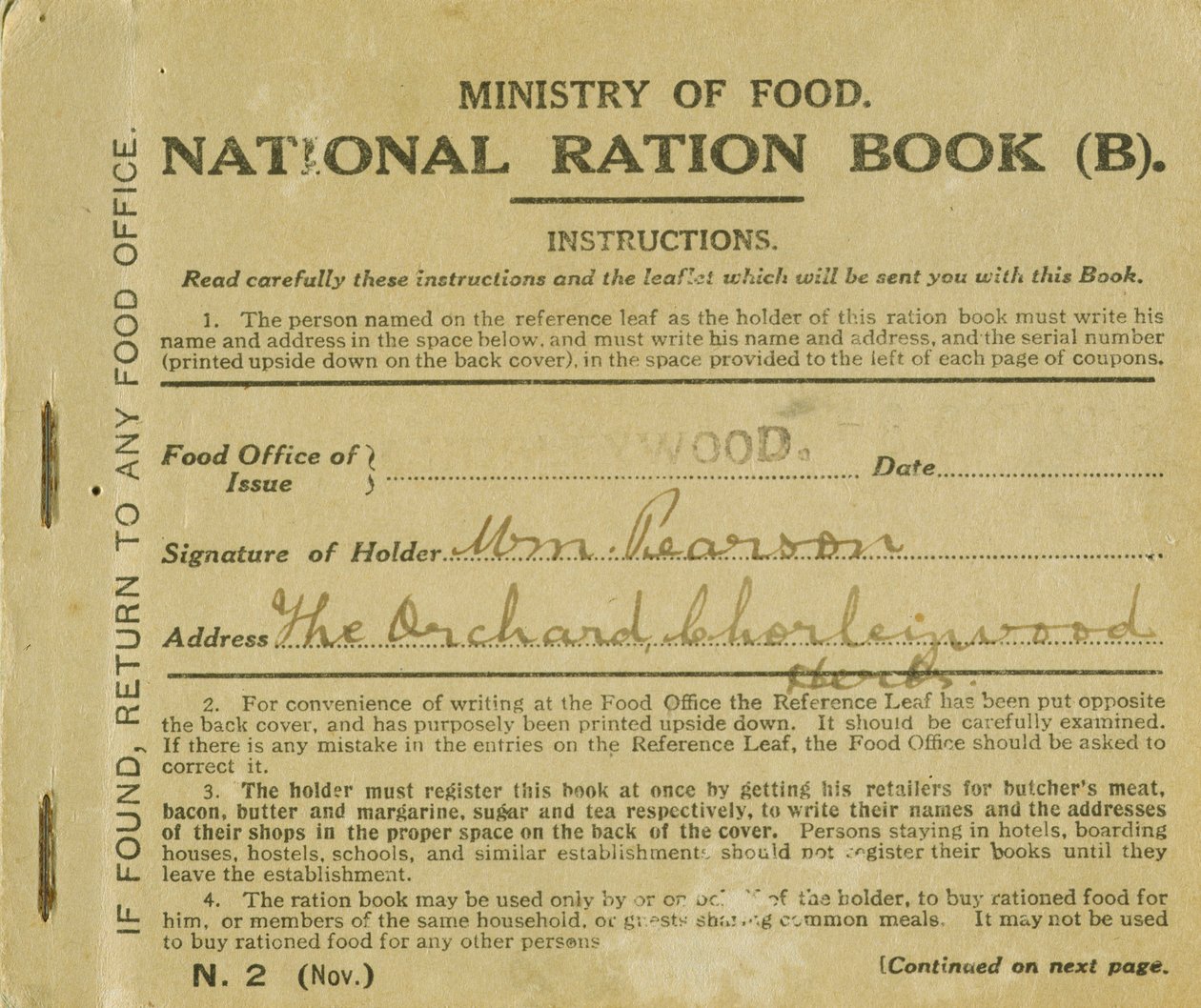 ウィリアム・ピアソンのための配給書、Chorleywood、ハートフォードシャー、1919（印刷） 作： 英語学校