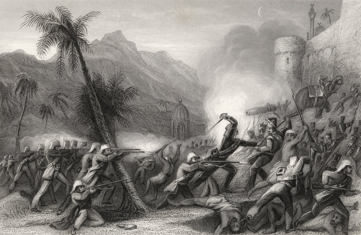 1858年に出版された「インドの反乱の歴史」からのデリーの前の出撃を撃退 作： 英語学校