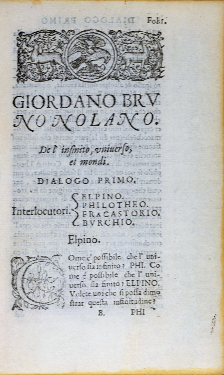 Res 28610ロンドンで発行されたGiordano BrunoによるDe lInfinito Universo et Mondiの最初のページ、1584（印刷された紙） 作： 英語学校