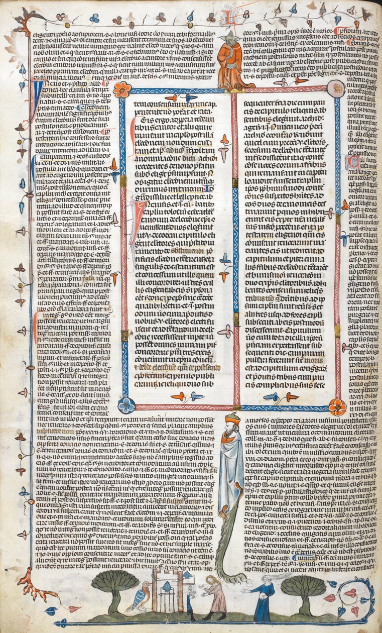Royal 10 E. IV、f.30v、「The Smithfield Decretals」（ベラム）からの建物の外にいる男性と女性のテキストとページ下のシーン 作： 英語学校