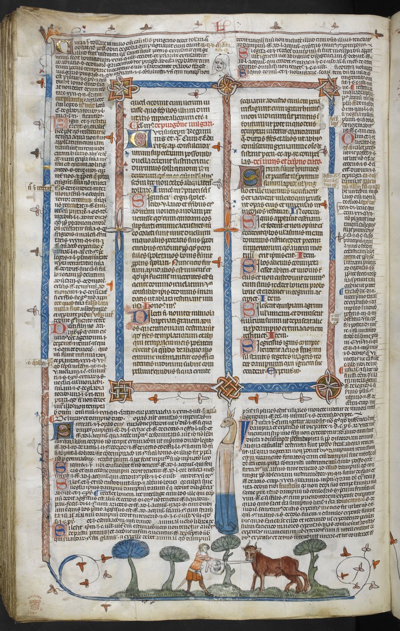ロイヤル 10 E IV フォル。 294v 雄牛を攻撃する男、Smithfield Decretals (Gregory IX の Decretals) c.1340 (ベラム) 作： 英語学校