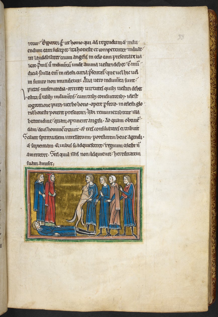 ロイヤル 12 F.XIII、f.33 殺人犯を特定する犬。  、 Bestiary (ff. 3-141)、 Lapidary (ff. 141v-149) から  、13世紀の第2四半期（ベラム） 作： 英語学校