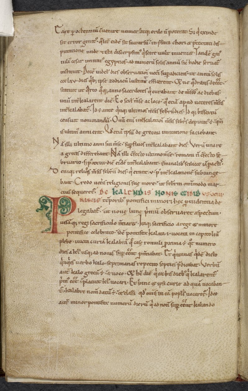 Royal 13. A.XI, f.47vInitial P.De temporum ratione. Bede the Venerable. Computus と天文学に関する作品の雑多. 11 世紀-12 世紀 作： 英語学校