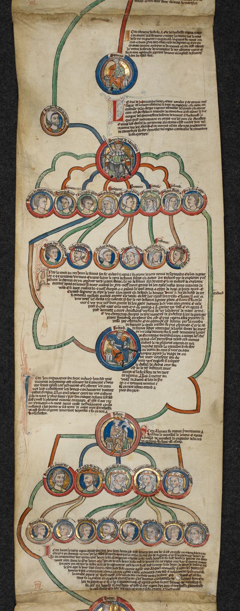 Royal 14 B. VI、Membrane 6、スティーブンからジョンまでの王家の系図、「イングランド王の系図ロール」のイラスト、c.1300-40（ベラム） 作： 英語学校