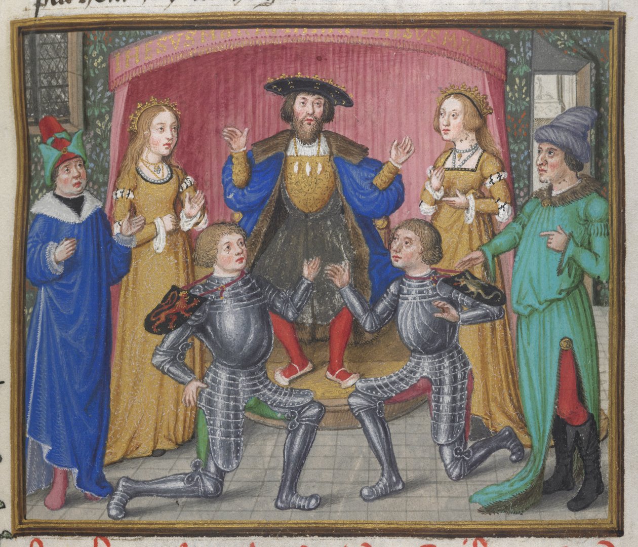 Royal 18 D.II、f.151 PolynicesとTydeusの和解、「テーベ包囲戦」のイラスト、c.1455-62（ベラム） 作： 英語学校