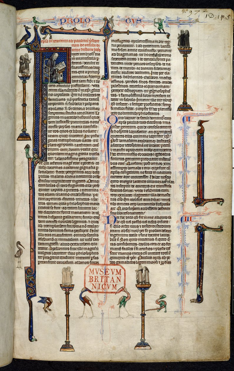 Royal 1 D I, f.1r, Jerome, frades em colunas, da Bíblia de Guilherme de Devon (pergaminho) 作： 英語学校
