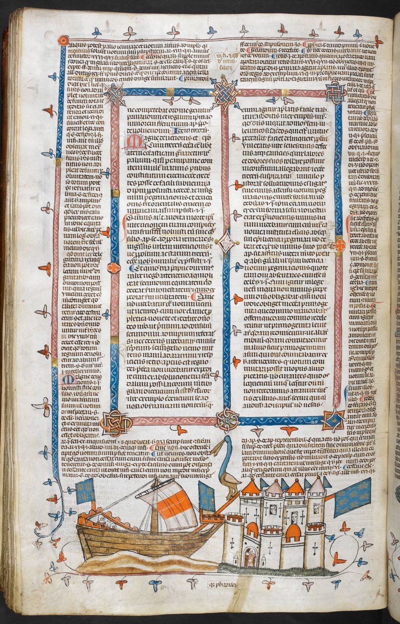 ロイヤル MS 10 IV f.208v 海軍攻撃と限界装飾、「The Smithfield Decretals」のイラスト (ベラム) 作： 英語学校