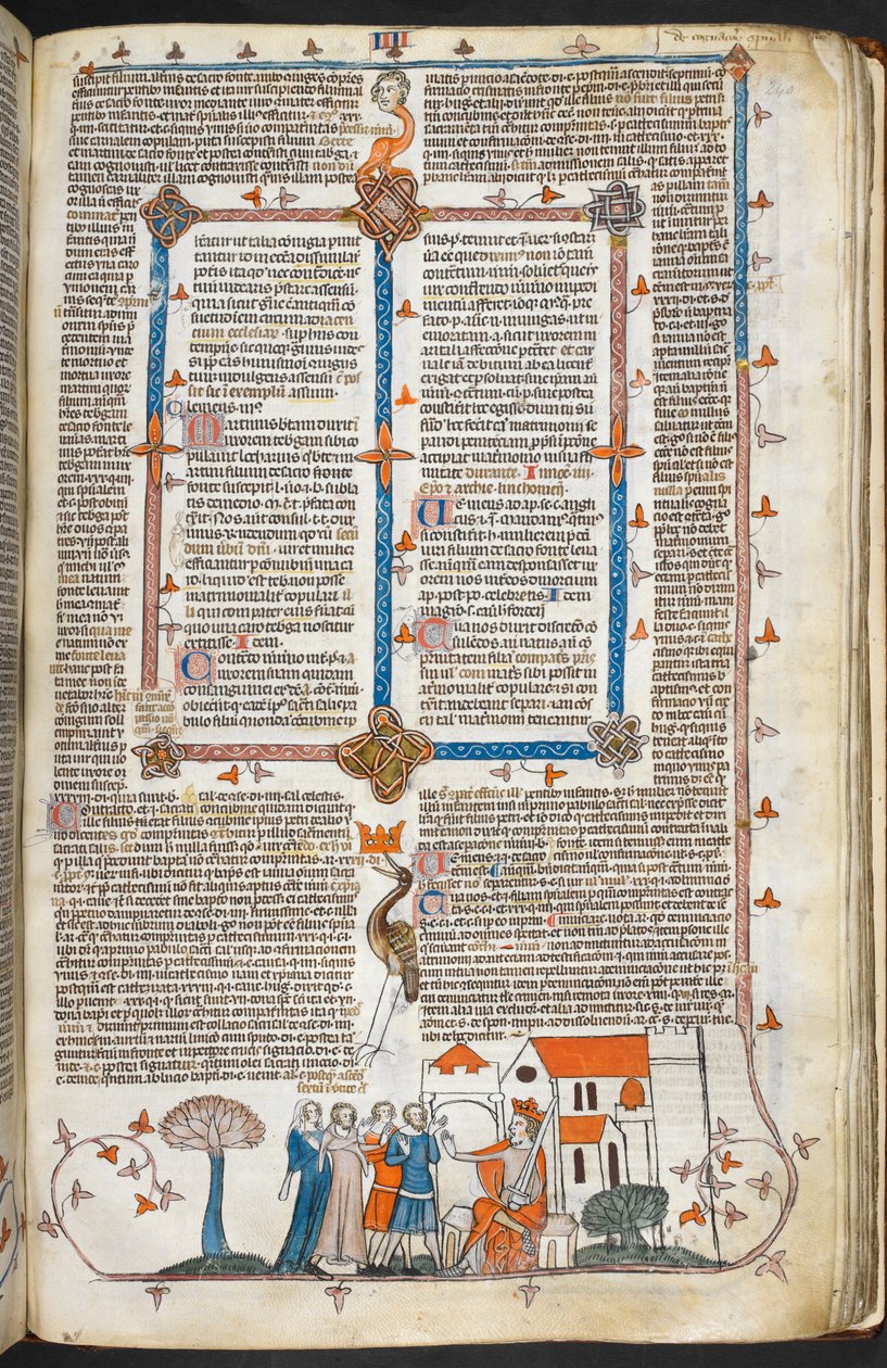 ロイヤル MS 10 IV f.240r 宮殿を守る王と周辺装飾、「Smithfield Decretals」のイラスト (ベラム) 作： 英語学校