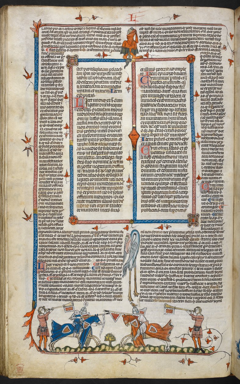 Royal MS 10 iv f.065v Knights Jousting with marginal decoration, illustration from the 