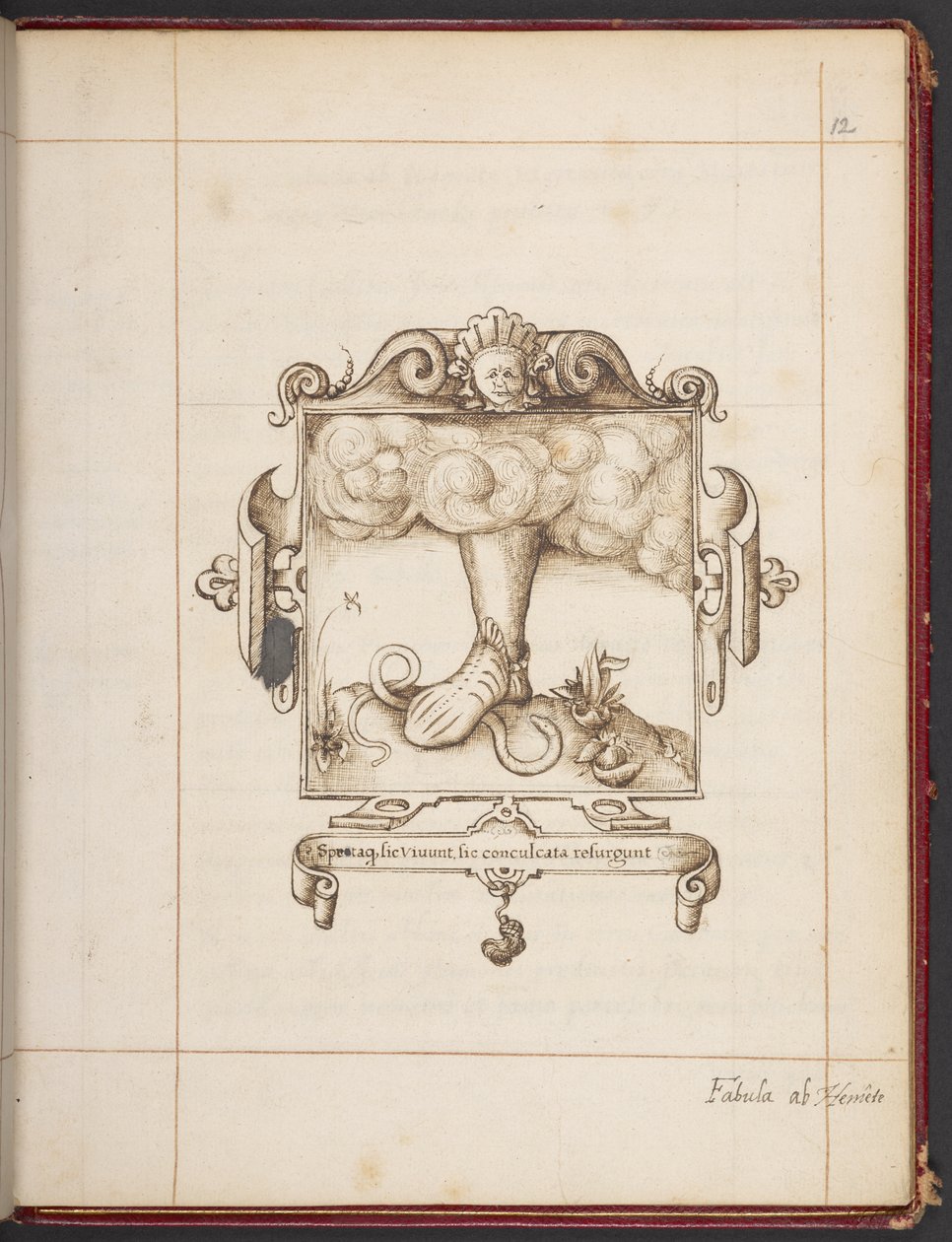 ロイヤル MS 18 A XLVIII, fol. 12r、George Gascoine の Hemetes the Hermit のプレゼンテーション コピーからのラテン語のモットーのエンブレム 作： 英語学校
