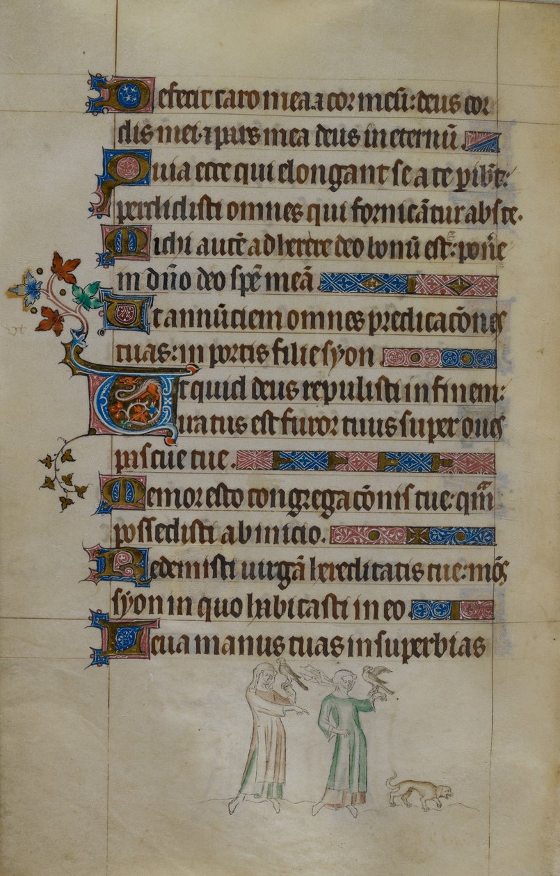 Royal ms 2_B VII f.177v 鷹を運ぶ 2 人の女性とその前に小さな犬がいるページのベース シーン、居住されたイニシャル、「Queen Mary Psalter」のイラスト 作： 英語学校