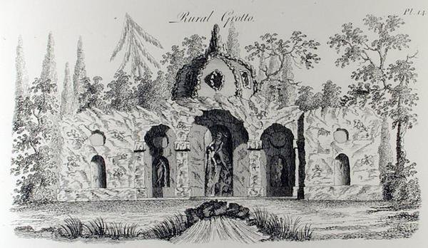 田舎の石窟、ウィリアム・ライト著「グロテスクな建築または田舎の娯楽」より（1767-90年頃に出版されたエングレーヴィング）（モノクロ写真 作： 英語学校