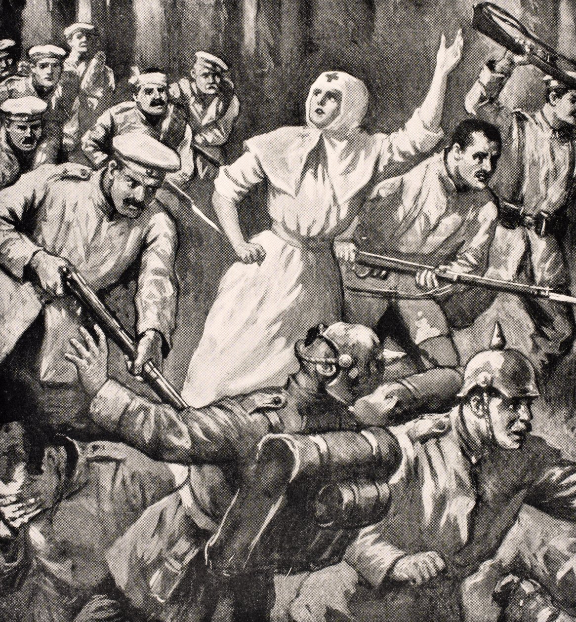 1916年にロンドンで出版された「The War Illustrated Album deLuxe」から、1915年にドイツ人に対して男性を率いるロシアの看護師ミラミクサイロビッチイヴァノフ 作： 英語学校