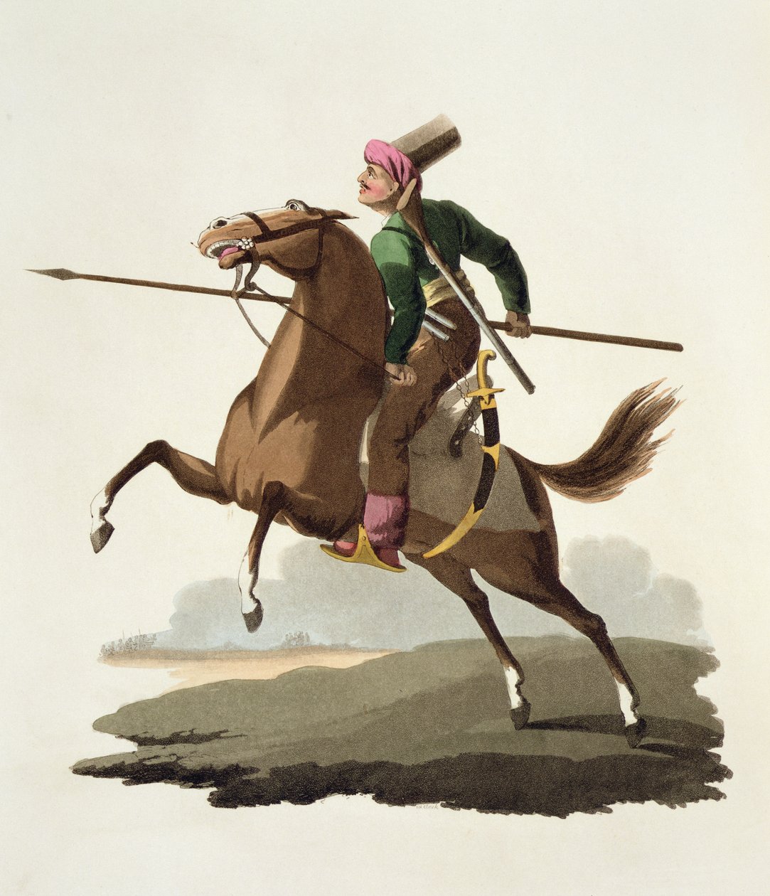 さまざまな国の衣装、第VII巻、トルコのミリタリーコスチュームからのSaphir、Thomas MacLeanによる出版、c.1800-18（手塗りのアクアチント） 作： 英語学校