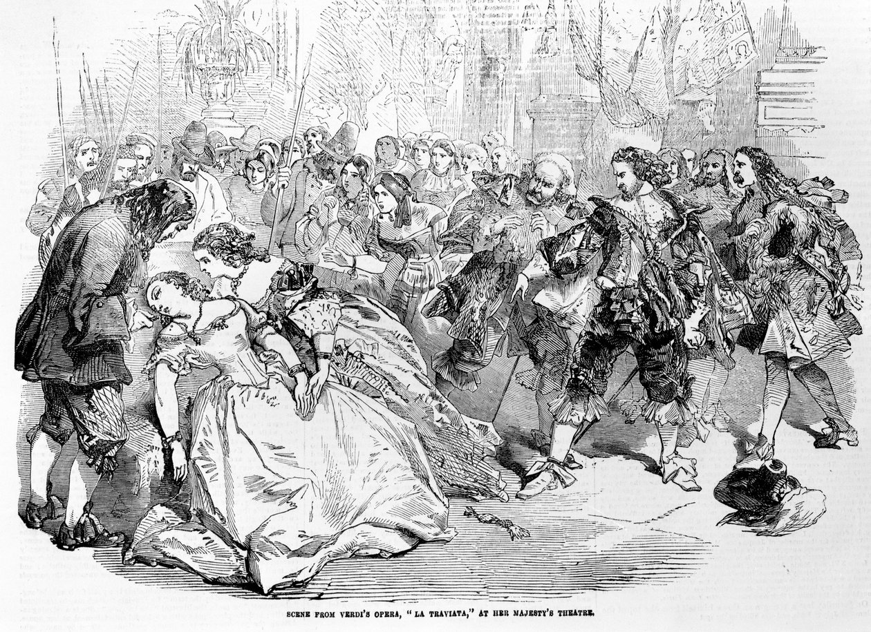 1856年の女王陛下劇場でのヴェルディスオペララトリヴィアータのシーン 作： 英語学校