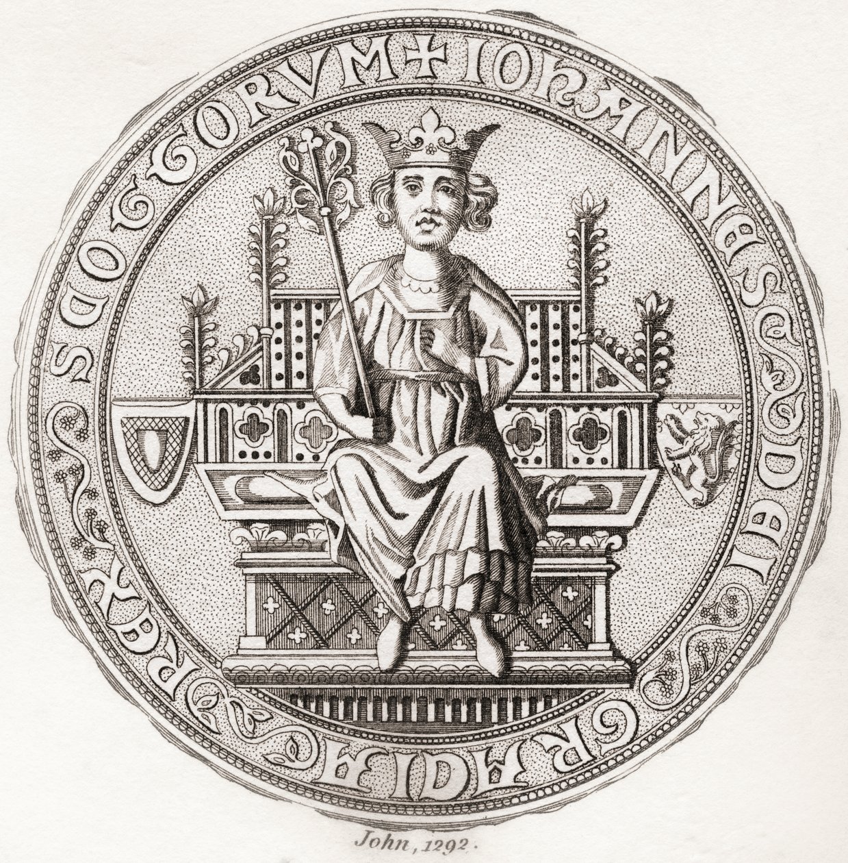 John Balliol のシール、c.?1249 1314、別名、Toom Tabard、「空のコート」のスコットランド人、スコットランド王。 Iconographia Scotica またはスコットランドの著名人の肖像画から、1797 年に出版されました。 作： 英語学校