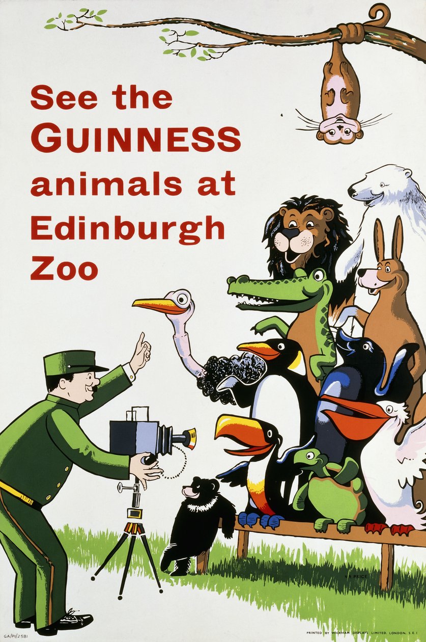 1938年頃のエディンバラ動物園でギネスの動物を見る（色付きのリトグラフ） 作： 英語学校