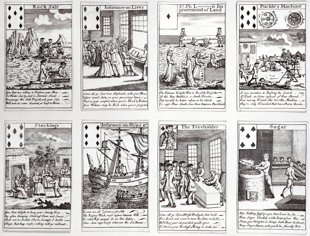 現在の商業ベンチャーと投資の風刺シーンを描いたトランプのセット、c.1720 作： 英語学校