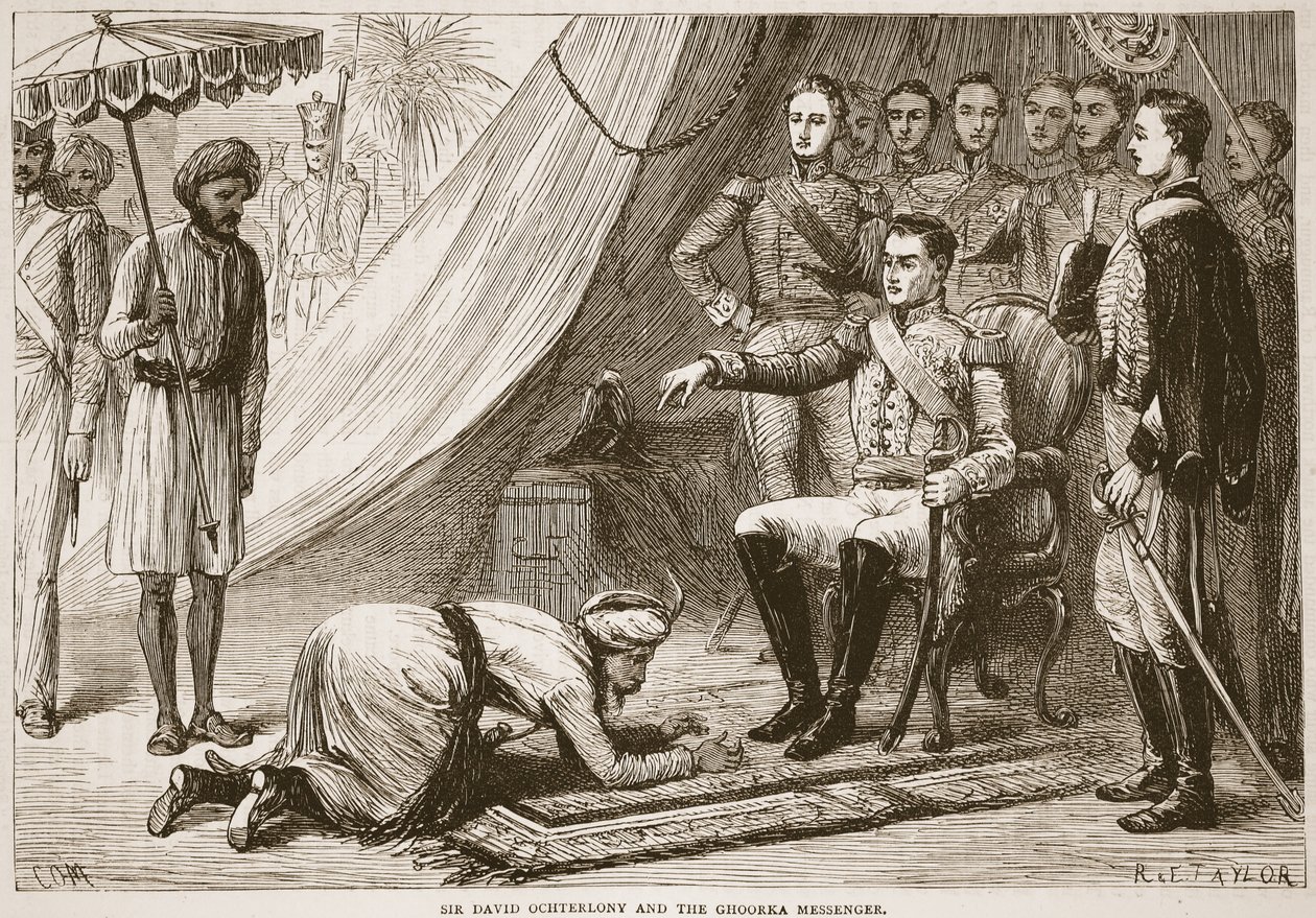 David Ochterlony卿とGhoorkaメッセンジャー、Pass James GrantによるCassells Illustrated History of Indiaのイラスト。 1879 作： 英語学校