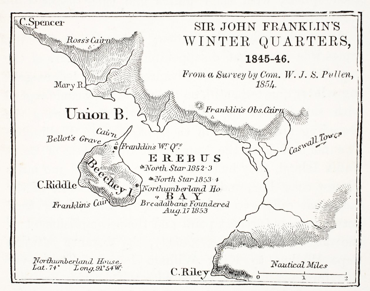 ジョン・フランクリンズ・ウィンター・クォーターズ卿、1845年から1846年、コムによる調査。 WJS Pullen 1854、パブ。 1854 作： 英語学校