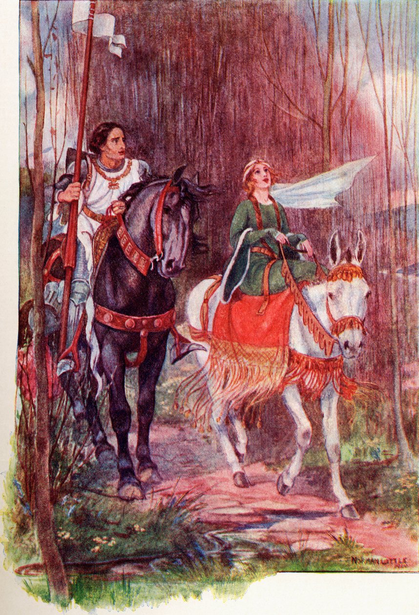 ランスロット卿とグィネビア王妃。1910年に出版された『The Gateway to Tennyson』からのカラーイラスト。 作： 英語学校
