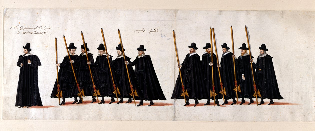 サー・ウォルター・ローリー、警備隊長、そして警備員。 1603 年 4 月 28 日、ウェストミンスター寺院に向かう女王エリザベス 1 世の葬列の一部。 作： 英語学校