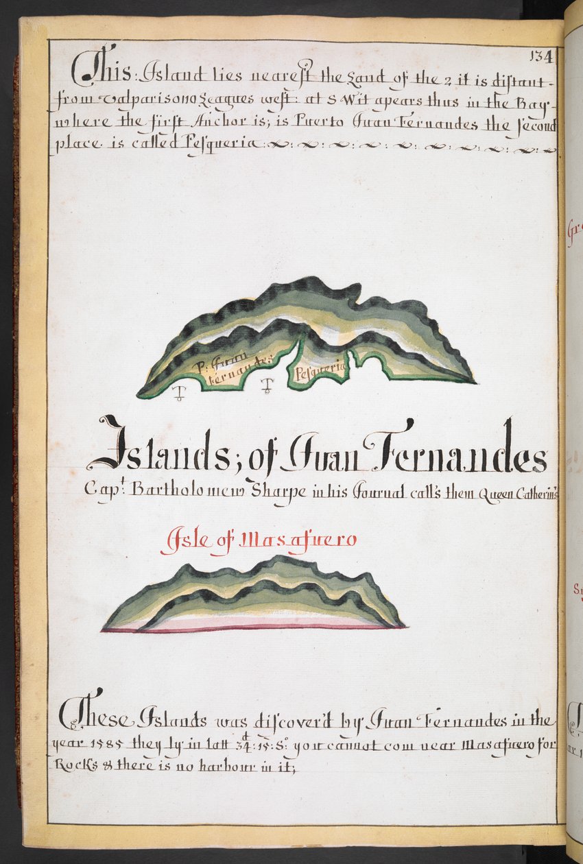 Sloane MS 44, f.269v, ウィリアム・ハックの南海の船乗りのフアン・フェルナンデスの地図 作： 英語学校