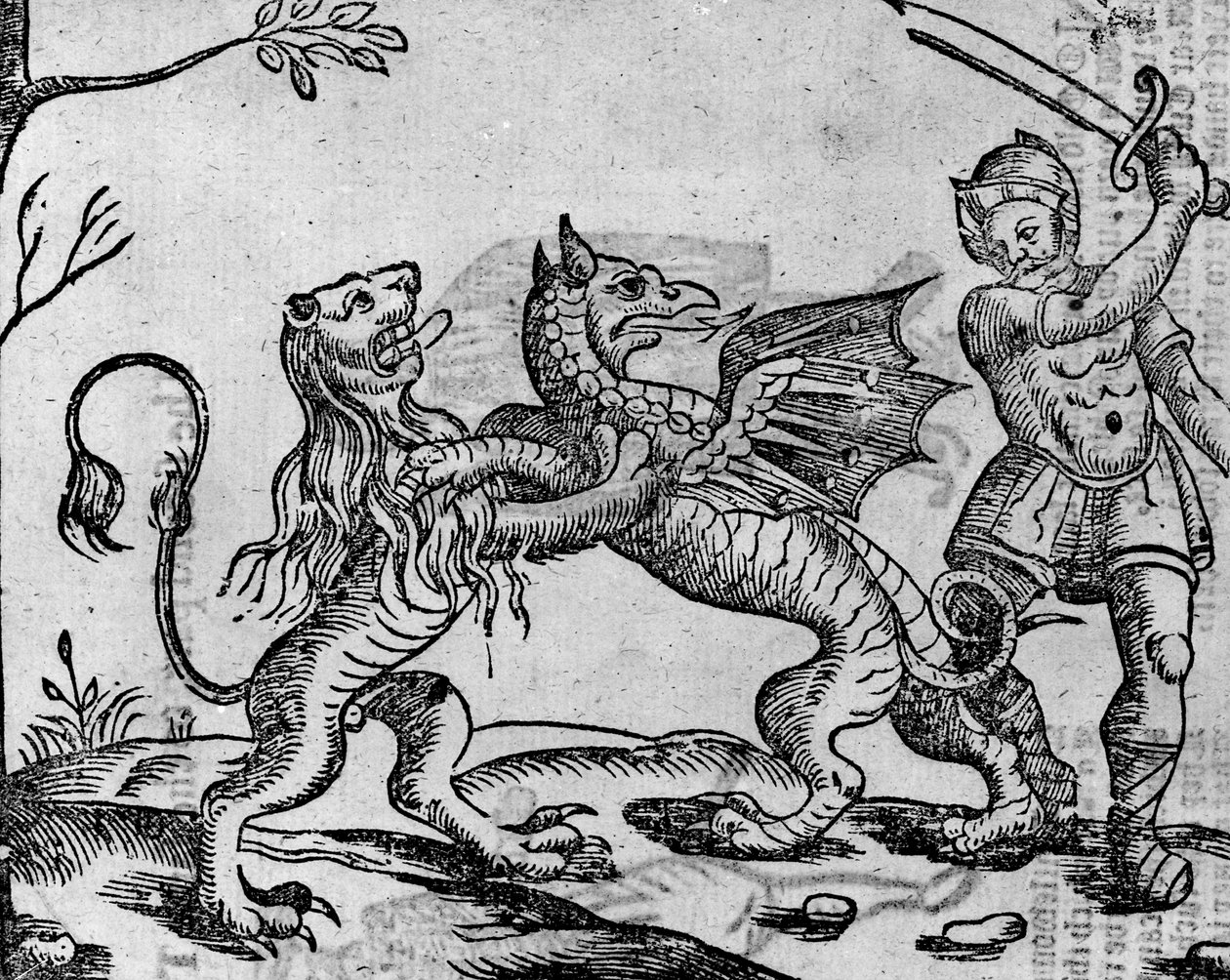 セントジョージとドラゴン、「A Book of Roxburghe Ballads」（木版画）から（bw写真） 作： 英語学校