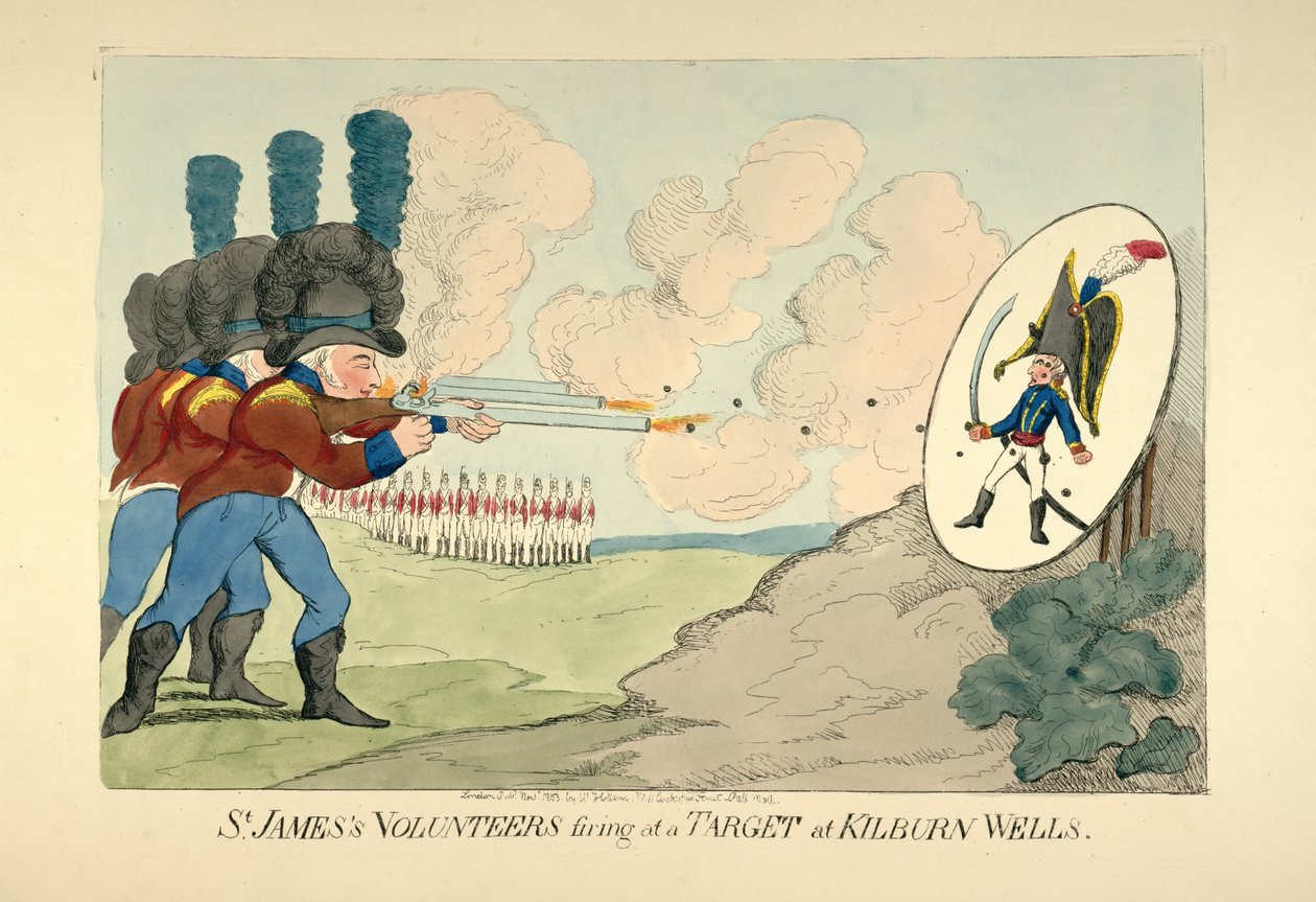 セント・ジェームズ・ボランティアがキルバーン・ウェルズの標的に向かって射撃する様子。1803年（手彩色彫刻 作： 英語学校